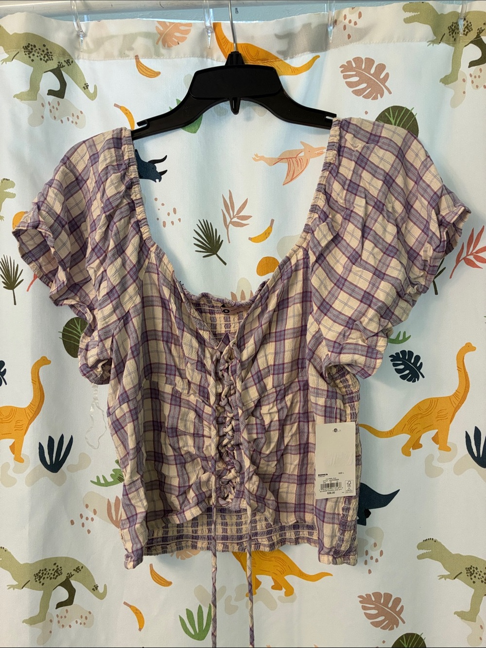 SO Lavender and Cream Plaid Tie-Front Crop Top
